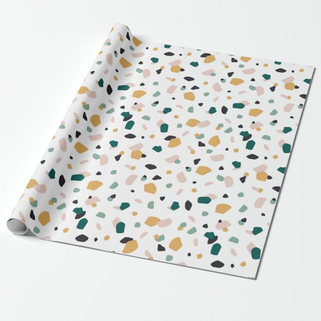 Papier Cadeau Abstrait Terrazzo Green Orange Rose Motif noir (Déroulé)