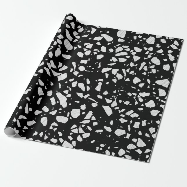 Papier Cadeau Abstrait Terrazzo Mosaic Motif noir et blanc (Déroulé)