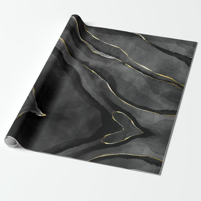 Papier Cadeau Abstrait tourbillon en marbre noir et or (Déroulé)
