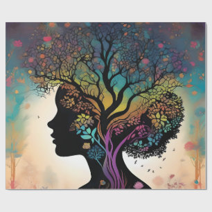 Papier Cadeau Abstraite Dame Mère Nature Arbres Et Fleurs,