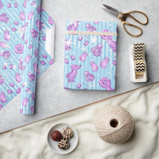 Papier Cadeau Accessoires d'hiver mignons bleu et violet aquarel (Artisanat)