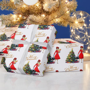 Papier Cadeau Achats de cadeaux de Noël de la dame vintage 1950