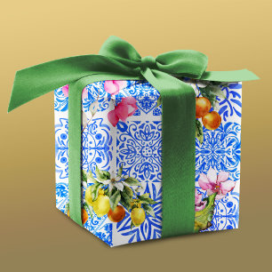 Papier Cadeau Acitrus bleu sicilien jaune azulejo méditerranéen