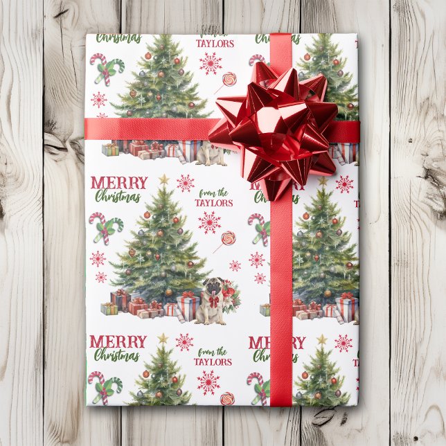 Papier Cadeau Adorable Carlin Chien Red Bow Holiday Tree (Créateur téléchargé)