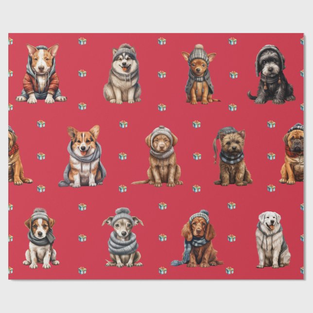 Papier Cadeau Adorable Chiots 5 vacances de Noël en rouge (Plat)