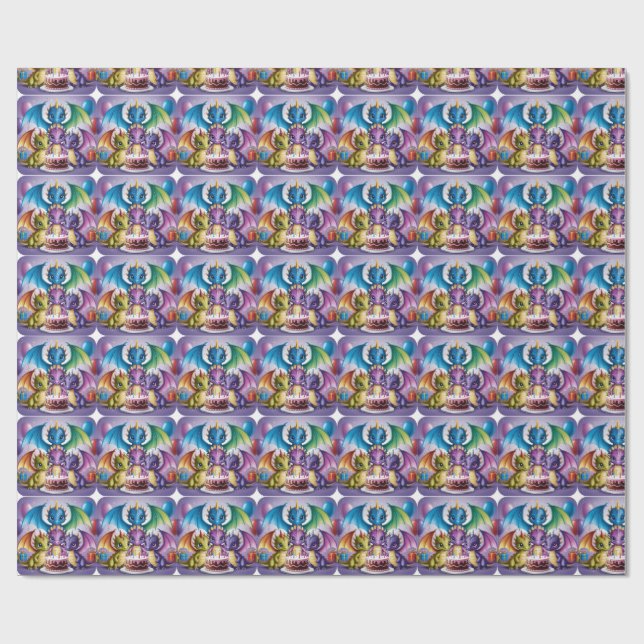 Papier Cadeau Adorable Dragons arc-en-ciel (Plat)