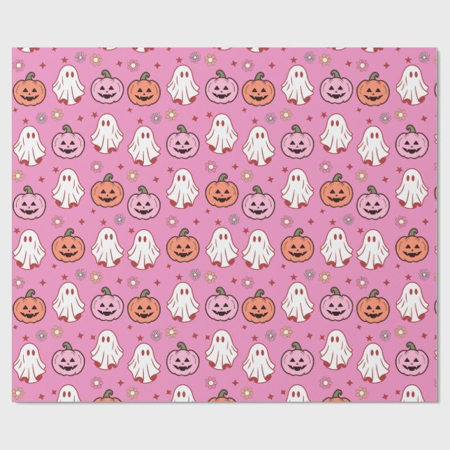 Papier Cadeau Adorable Halloween Fantômes et Citrouilles rose (Plat)