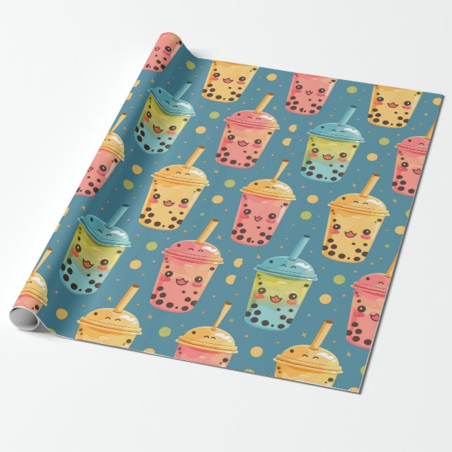 Papier Cadeau Adorable Kawaii Boba Conception de boisson (Déroulé)