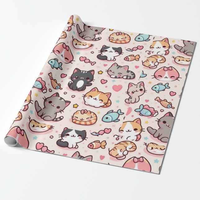 Papier Cadeau Adorable Motif de chats Kawaii (Déroulé)