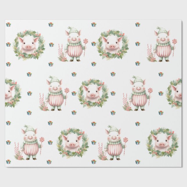 Papier Cadeau Adorable Noël Pastel Pigs sur blanc (Couture)