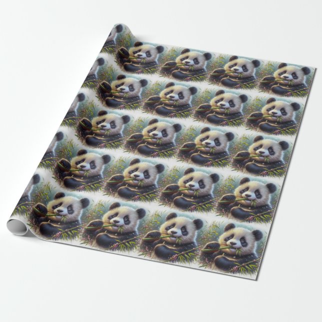 Papier Cadeau Adorable Ours De Panda Mangeant Bambou (Déroulé)