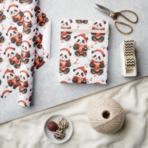 Papier Cadeau Adorable Panda d'hiver Motif avec Béanie rouge con
