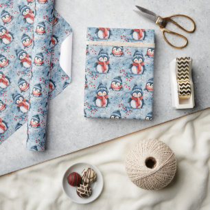 Papier Cadeau Adorable Penguin d'hiver Motif avec Casquettes dou