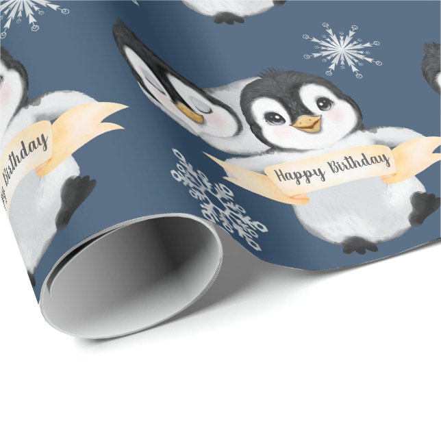 Papier Cadeau Adorable Penguin Enfants Garçon fille Joyeux anniv (Coin rond)