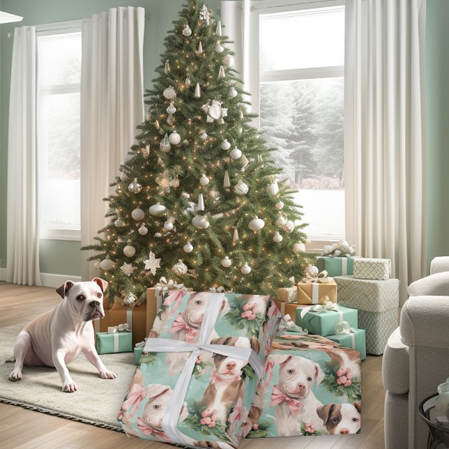 Papier Cadeau Adorable Piebald Pitbull Pups de Noël Mint Green (Créateur téléchargé)