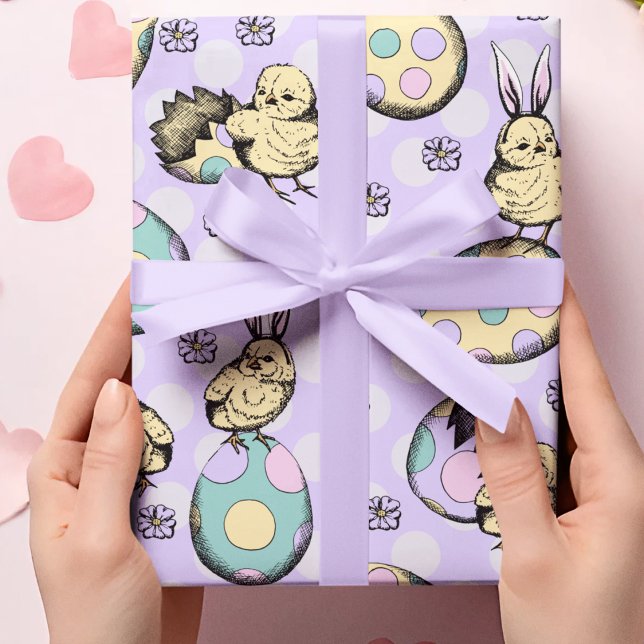 Papier Cadeau Adorable Purple Poussins de Pâques et Oreilles de  (Adorable hand-drawn baby chicks hatched from colorful pastel Easter eggs, wearing bunny ears! )