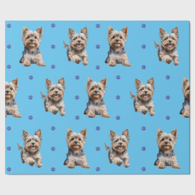 Papier Cadeau Adorable Yorkshire Terrier Noël en bleu (Couture)