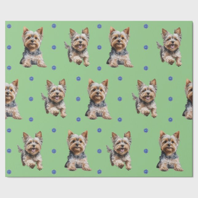 Papier Cadeau Adorable Yorkshire Terrier Noël sur vert (Couture)