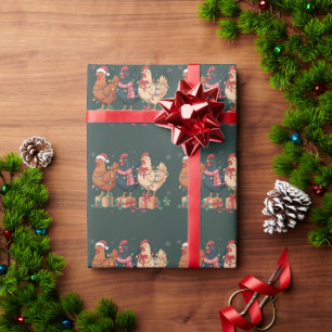 Papier Cadeau Adorables poulets de Noël ferme de fêtes amusante