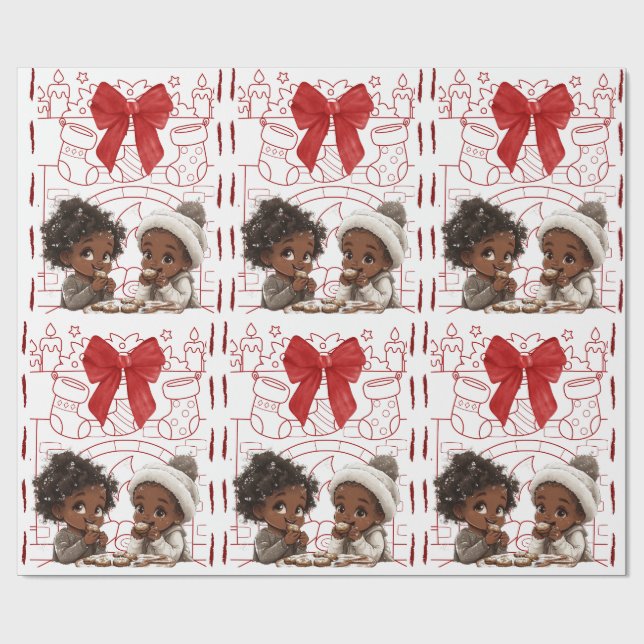 Papier Cadeau Afro-Américains Enfants et biscuits Noël (Plat)