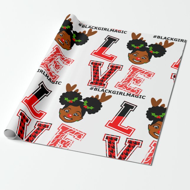 Papier Cadeau Afro Girl, Reindeer, Red Nose, Noël, Noir (Déroulé)