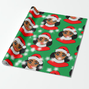 Papier Cadeau Afro Père Noël Puffs Black Girl Christmas