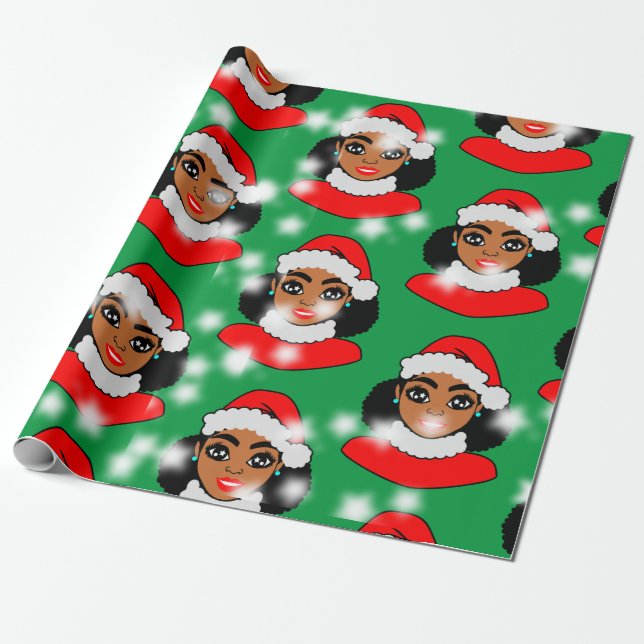 Papier Cadeau Afro Père Noël Puffs Black Girl Christmas (Déroulé)