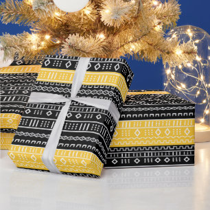 Papier Cadeau Afro Pop Tissu Mud Moderne Noir, Blanc & Or