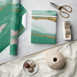Papier Cadeau Agate Abstrait Verte et doré Marbre Swirl