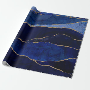 Papier Cadeau Agate Bleu et Or Mariage Minimaliste Glam Moderne