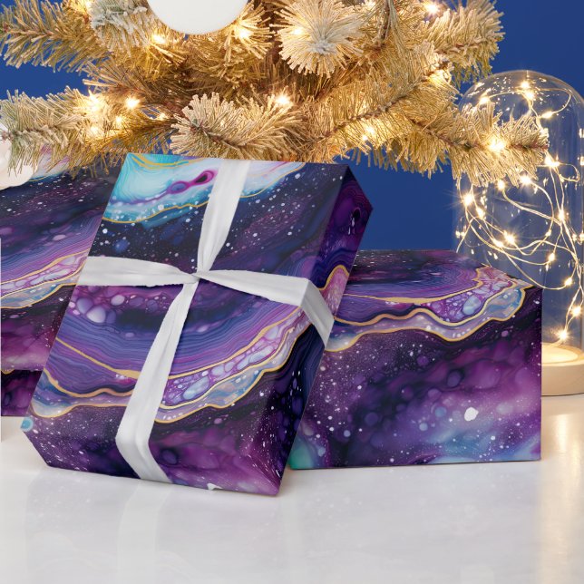Papier Cadeau Agate Céleste Abstrait Tourbillons Violets Bleus D (Vacances)