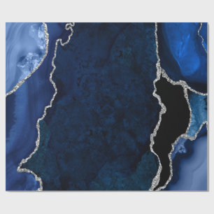 Papier Cadeau Agate de Parties scintillant bleu marine et argent