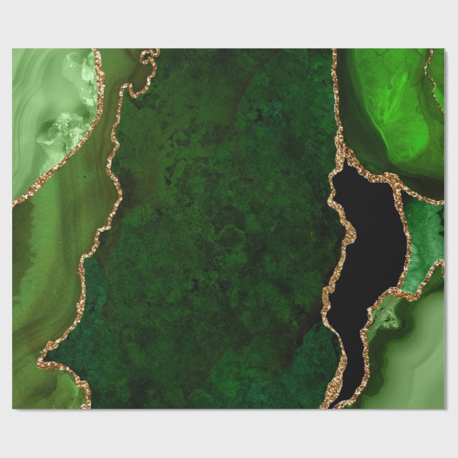 Papier Cadeau Agate Faux Pailleté Vert et Or (Plat)