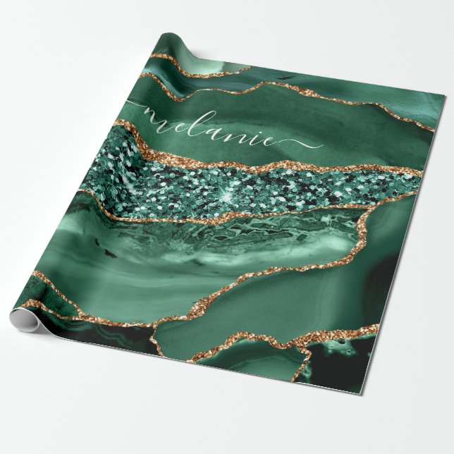 Papier Cadeau Agate Green Gold Parties scintillant Geode Marbre  (Déroulé)