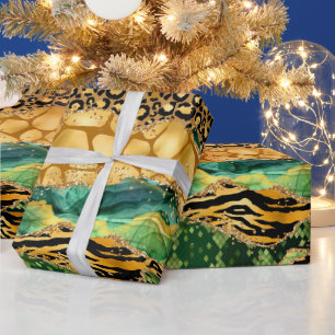 Papier Cadeau Agate Imprimé Safari Or et Vert