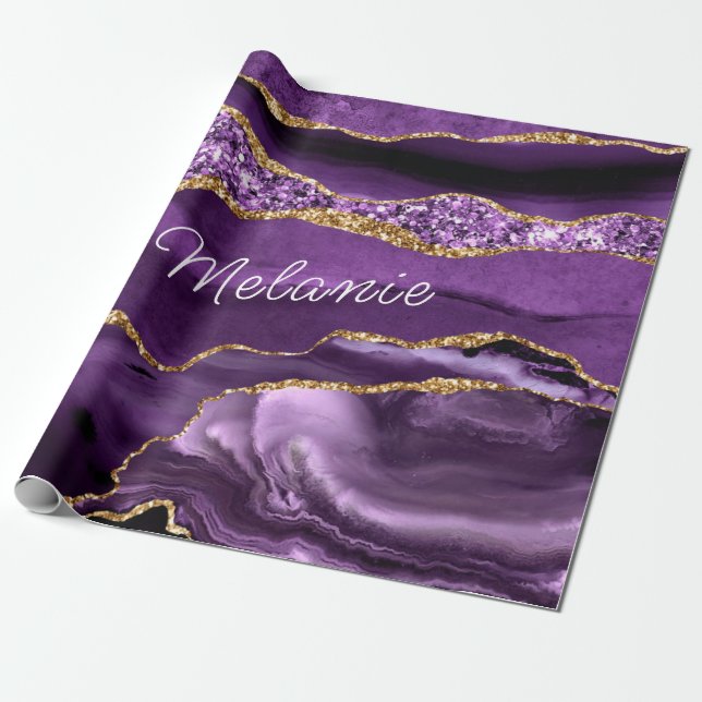 Papier Cadeau Agate Purple Gold Parties scintillant Votre nom En (Déroulé)