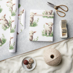 Papier Cadeau Agneau bébé en Baby shower d'aquarelle verdoyante