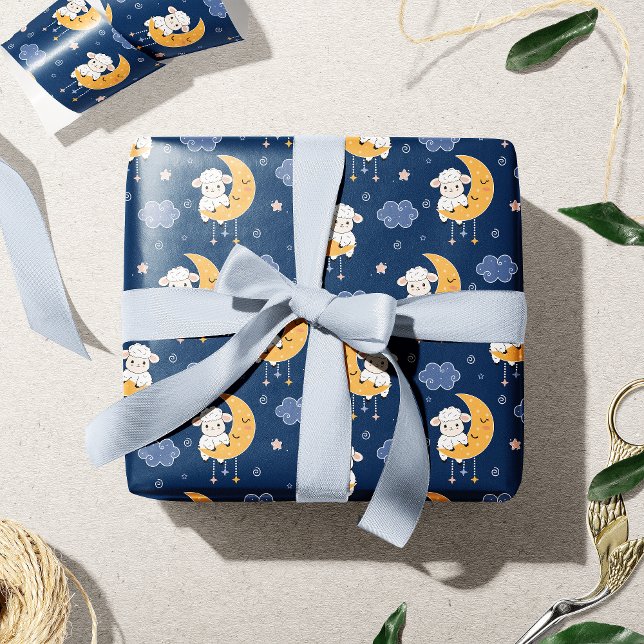 Papier Cadeau Agneau de bébé sur la lune Motif bleu neutre (Créateur téléchargé)