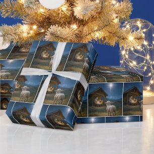 Papier Cadeau Agneau de Noël regardant la crèche