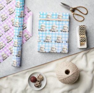 Papier Cadeau Agneaux sur Gingham Pastel