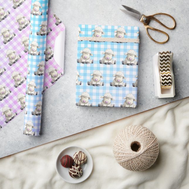 Papier Cadeau Agneaux sur Gingham Pastel (Artisanat)