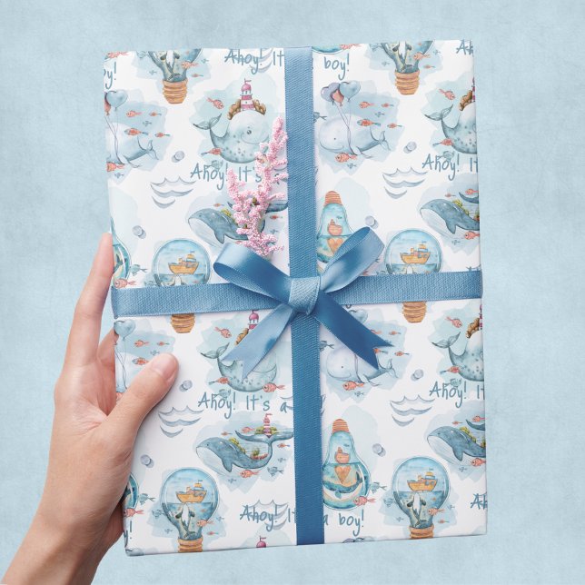 Papier Cadeau Ahoy C'est un garçon mignon Baby shower baleine (Ahoy It's A Boy Cute Whale Baby Shower Wrapping Paper
)