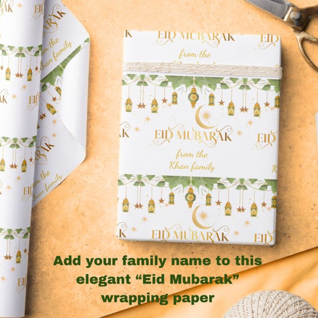 Papier Cadeau Aïd Moubarak Nom personnalisé Lanternes blanches e (Personalize this elegant white + gold "Eid Mubarak" wrapping paper with your family name!)