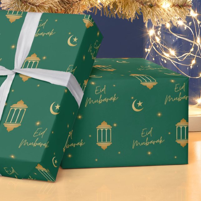 Papier Cadeau Aïd Moubarak Vert + Lanternes Élégantes Or + Lune (Modern, elegant "Eid Mubarak" wrapping paper in emerald green + gold, with lanterns, moon + stars.)