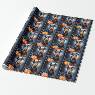 Papier Cadeau Airedale d'Halloween avec citrouilles effrayantes