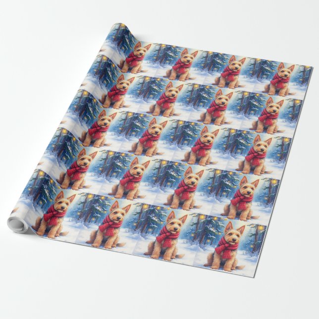 Papier Cadeau Airedale Terrier aquarelle Noël enneigé (Déroulé)