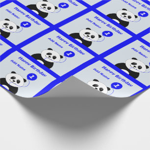 Papier Cadeau Ajouter le nom panda 1er anniversaire bleu