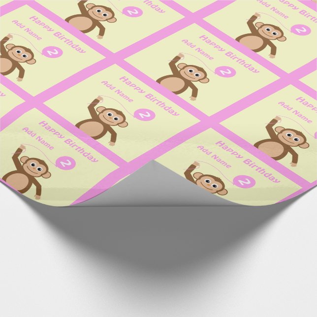 Papier Cadeau Ajouter le nom singe 2e anniversaire crème rose (Coin)