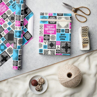 Papier Cadeau Ajouter Nom & Relation Anniversaire Magenta & Bleu