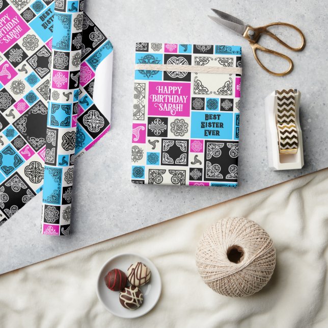 Papier Cadeau Ajouter Nom & Relation Anniversaire Magenta & Bleu (Artisanat)